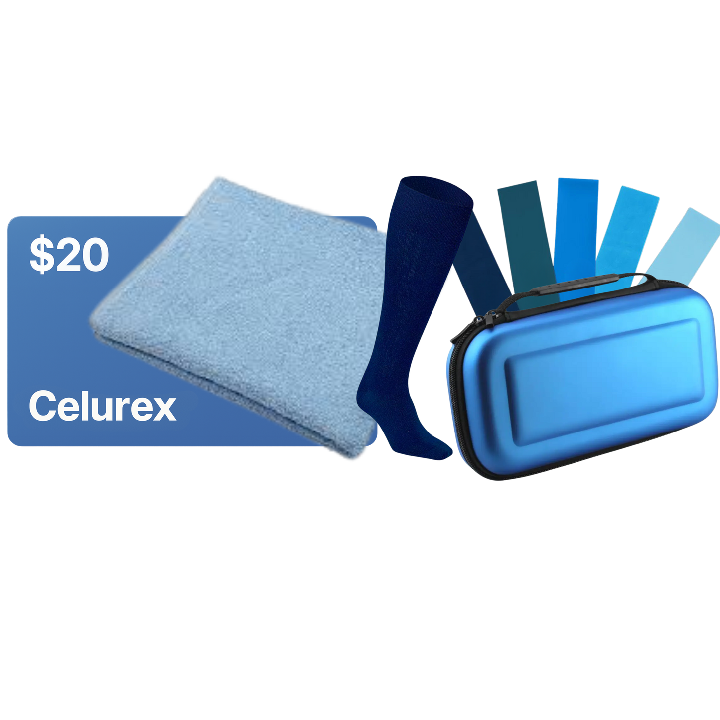 $20 Gift Card, Carrying Case, Resistance Bands, Compression Socks, Sweat Towel, and Pain Relief Guide