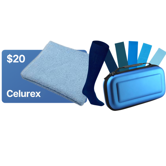 $20 Gift Card, Carrying Case, Resistance Bands, Compression Socks, Sweat Towel, and Pain Relief Guide