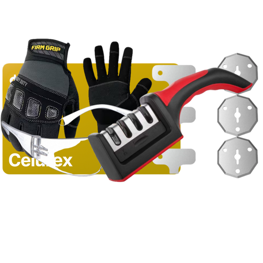 $20 Gift Card, Cutting Gloves, Sharpening Block, Cutting Glasses, 3 Replacement Blades, and Sharpening Guide
